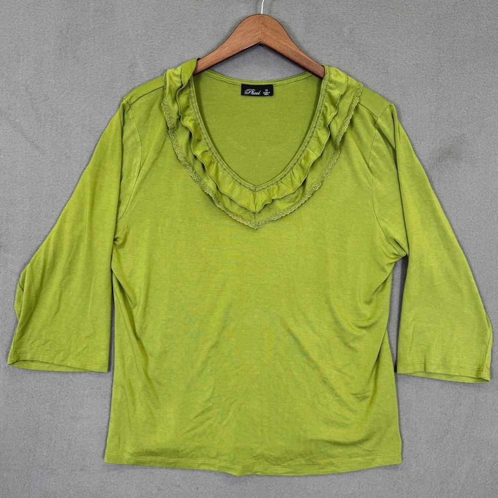 Phool Ruffle Neck Top Women 1X Lime Green Rayon Stretch Cottagecore Boho Style